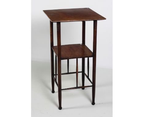 A rare Arts & Crafts Godwin designed Tall walnut Occasional Table,  the square top over a shelf supported by turned pillars a