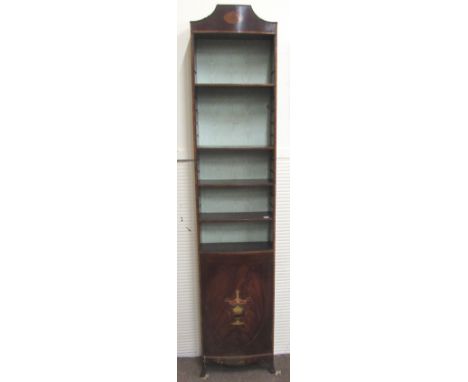 An unusual tall inlaid mahogany Bookcase, of narrow proportions, with crossbanded rim, and with painted panel door underneath