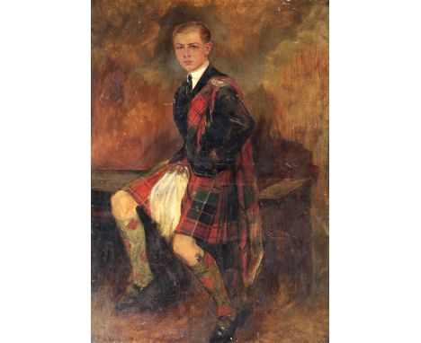 W. Burns 1903Full length portrait of "A Young Scottish Clansman, wearing tartan kilt and seated on a table," O.O.C., 81cms x 