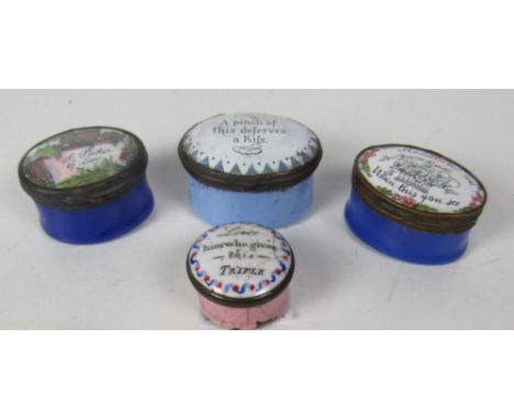A collection of four small 19th Century Bilston enamel Patch Boxes, / Pill Boxes, each with inscribed decorated lid, "Remembe