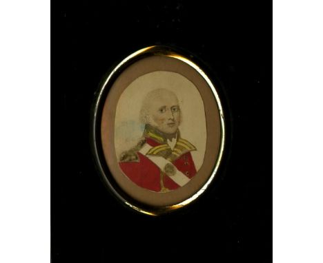 Early 19th Century Irish School Miniature: Oval "Portrait of a Redcoat Officer," in black and gilt frame. (1)