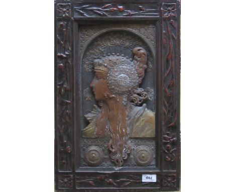 Late 19th Century EnglishAn exceptionally fine and rare heavy Art Nouveau metal Panel, "Profile portrait of a Young Girl with