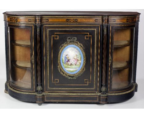 A fine quality Victorian inlaid and ormolu mounted ebonised Credenza, the shaped top over a frieze with decorative inlay and 