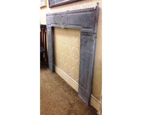 A Queen Anne style  speckled grey slate Chimney Piece, with shell decorated centre and with circular surround, with panel upr