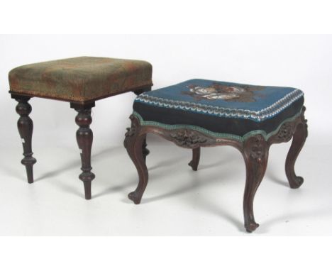A square Victorian carved walnut Dressing Stool, with bead work set over four cabriole legs; and an earlier similar Dressing 