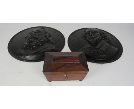 A small Regency period casket shaped rosewood Tea Caddy, and a pair of large circular brass Wall Plaques with embossed heads 