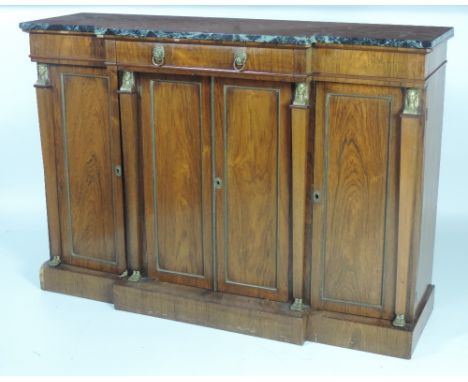 An attractive 19th Century Empire style rosewood breakfront Side Cabinet, the marble top over frieze drawer with lion mask ha