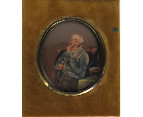 19th Century English SchoolMiniature: "Portrait of Man seated by a Table holding a Glass," watercolour, in velvet frame. (1)P