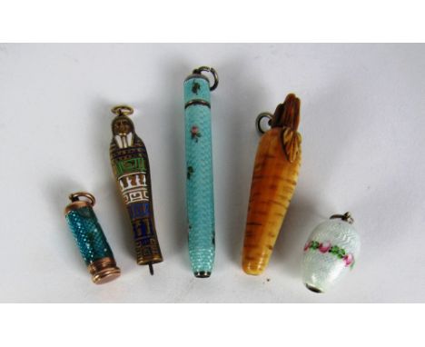 A collection of five late 19th Century miniature retractable and other Pencils, one in the shape of a carved ivory parsnip, o