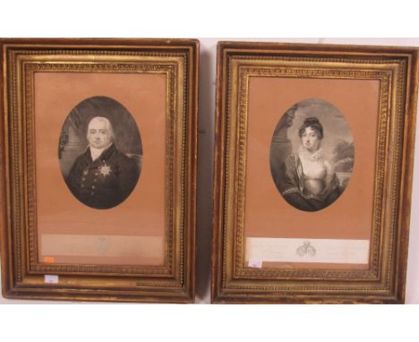 A pair of mezzotint French Portrait Engravings, "Louis XVIII," "Marie Therese, Charlotte de France," in gilt frames. (2)