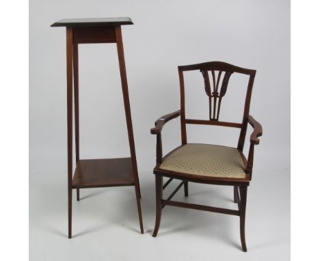 A tall Edwardian style inlaid mahogany Plant Stand, with underneath shelf; and a small inlaid Edwardian mahogany Armchair. (2