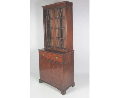 A 19th Century attractive George III style inlaid mahogany Display Cabinet, of narrow proportions, the chequered cornice over