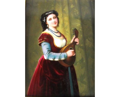 A good quality hand painted Continental porcelain Plaque, "Young Girl Playing a Guitar," 18cms x 12.5cms (7" x 5"), with velv