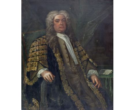 18th Century Irish SchoolThree-quarter-length, "Portrait of Sir Marmaduke Coghill, sitting in his robes," A letter on a table