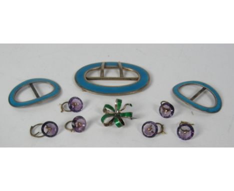 A set of 3 Birmingham silver and turquoise enamel Buckles, a small silver and green enamel Brooch with diamond; and a set of 