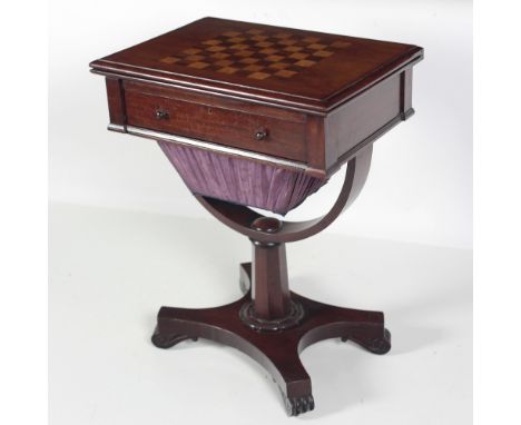 An attractive William IV Games Table, with a lift up and folding top, inlaid as a chess board, and opening to reveal a baize 