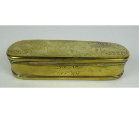 A large 18th Century Dutch brass Tobacco Box, the top engraved with interior scene with figures by a table drinking, the base