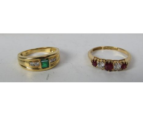 An 18ct gold Ring, with two small diamonds and three ruby stones; also a small gold Ring with small diamonds and central emer