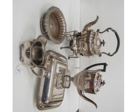 A pair of antique silver plated Entree Dishes, Covers and Handles, a plated 3 piece Tea Service, a plated Kettle on Stand, a 