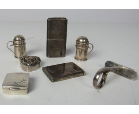 A heavy silver Cigarette Lighter, a small Victorian silver Vesta Case, inscribed "Angus Club,"; miniature canister type Salt 