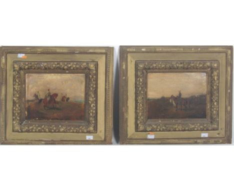 F. Below"Arabians on horseback in a Landscape," and its companion a similar subject, each on panel, approx. 20cms x 26cms (8"