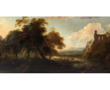 Adriaen Van Diest, Anglo-Dutch (1655 - 1704)Fine large "English Romantic Landscape with figures and animals watering in foreg