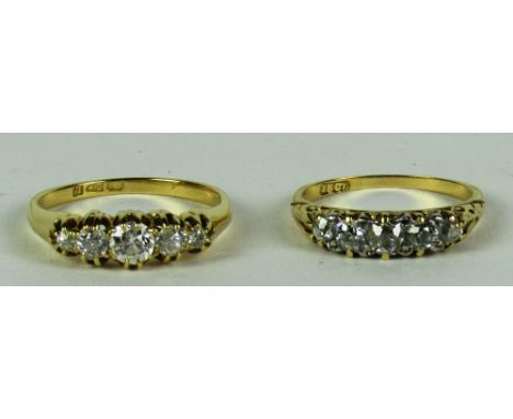 An 18ct gold Ring, with five small diamond stones; and a similar Ring with five stones. (2)