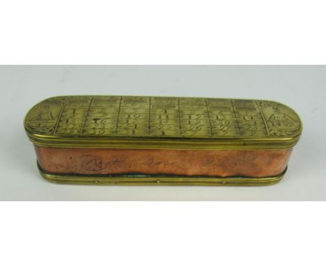 A rare early 18th Century Dutch brass and copper Tobacco Box, the lid and base engraved mathematical annotations, calendar da