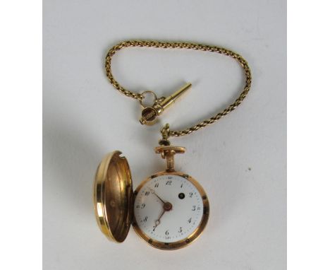 A very rare small 18th Century French Ladies Fob Watch, with circular enamel face, fusee movement, and a small gold chain wit