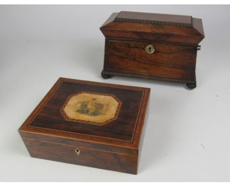 A Regency period brass inlaid casket shaped Tea Caddy; and an attractive inlaid and crossbanded Vanity Box, with decorated ce