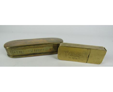 A large Dutch 18th Century brass Tobacco Box, with engraved lid and base and body (worn), the front panel inscribed 'Een isee