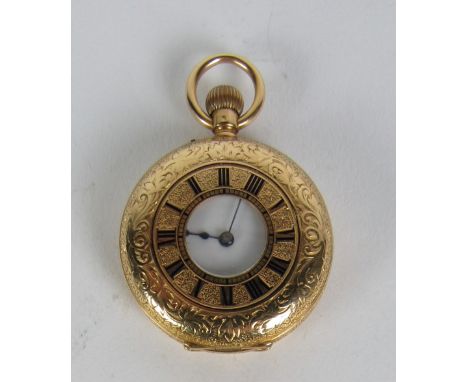 A very attractive small 18ct gold keyless Pocket Watch, with enamel dial, the chased and engraved case with half hunter outer