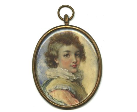 Early 20th Century English SchoolMiniature: Very attractive oval portrait on ivory, "Young Boy with long hair and ruff collar