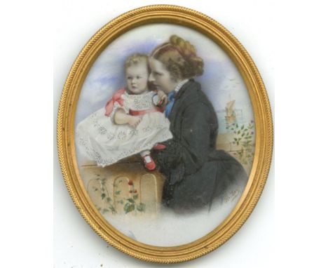 S. FryMiniature: Attractive Portrait of Mother & Child seated on a pier near a harbour," printed on glass, approx. 7.5cms x 6