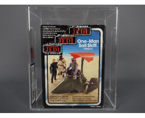 Star Wars, Palitoy  - A vintage and graded 1984 Star Wars #7515 ROTJ Tri-Logo 'One-Man Sail Skiff' (made in Spain) . The vehi