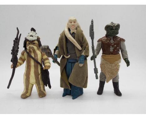 Kenner - 3 x loose vintage 3.75" figures, Logray Ewok Medicine Man with headdress, Staff and Pouch, Bib Fortuna with Cloak, S
