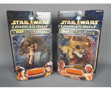 Star Wars - Hasbro - 2 x 8" figures from the Unleashed series dated 2002. Princess Leia # 84936. Mace Windu # 84916. The figu