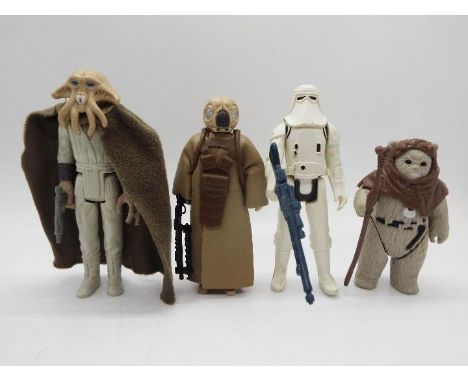 Kenner - 4 x loose vintage 3.75" figures, Squid Head Tessek with Cloak and Blaster marked LFL 1983 HK, Snowtrooper with Blast