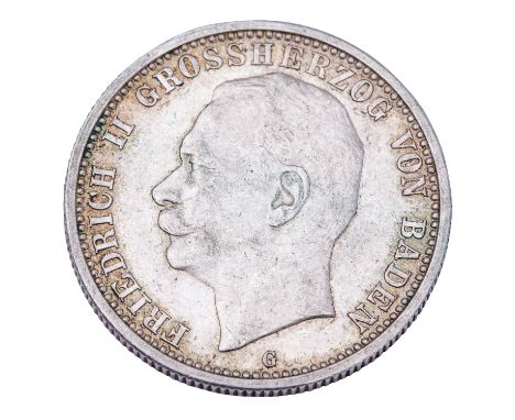 Baden - 2 Mark 1913/G, Großherzog Friedrich II., ss, Tönung, Kratzer, leicht verschmutzt, Grünspan.  | Baden - 2 Mark 1913/G,