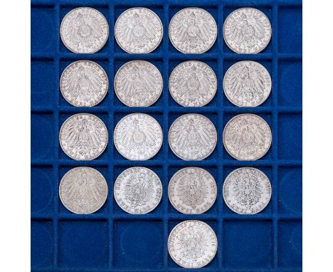 Deutsches Kaiserreich / Hamburg - Sammlung von 14 x 2 Mark, 1876, 1877, 1878, 1888, 1896, 1899, 1900/1908, 1913/14, der selte