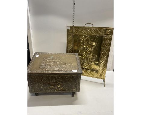 A vintage brass coal box and firescreen, shipping unavailable