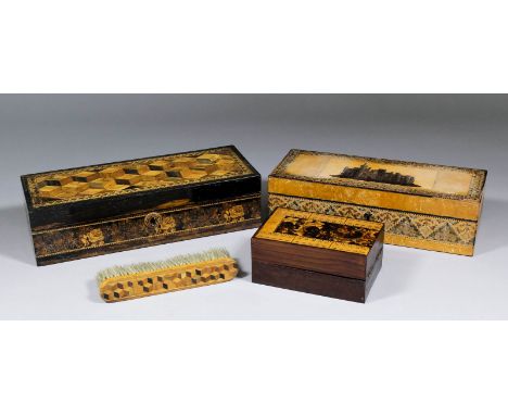 A Victorian rosewood and Tonbridge ware glove box with parquetry lid, 10.5ins x 4ins x 2.75ins high, a Victorian Tonbridge gl