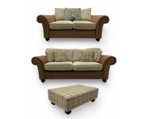 Three-seat sofa, upholstered in pale textured fabric with contrasting brown fabric (W210cm, H95cm, D98cm); matching two-seat 