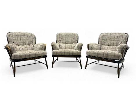 Lucian Ercolani for Ercol - set of three mid-20th century dark elm easy chairs, upholstered in a grey check fabric with tufte