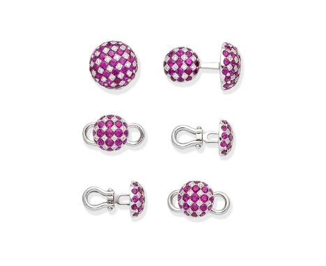 RUBY AND DIAMOND DRESS SETThe double-sided cufflinks, set with circular-cut rubies and brilliant-cut diamonds in a chequerboa