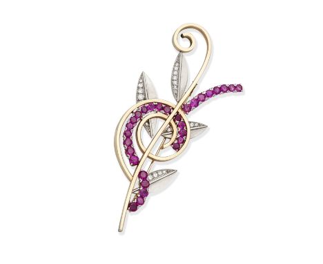 TIFFANY: RUBY AND DIAMOND BROOCHBicoloured, of scrolling foliate design, set with brilliant and single-cut diamonds and circu
