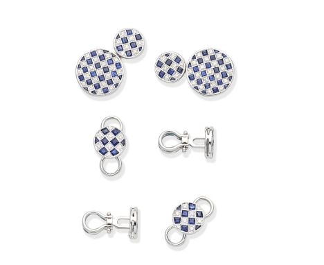 SAPPHIRE AND DIAMOND DRESS SETThe double-sided cufflinks, set with step-cut sapphires and brilliant-cut diamonds in a chequer