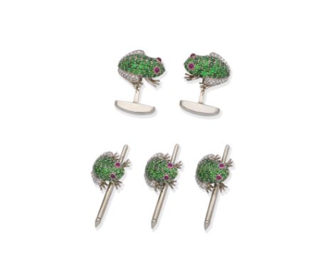MULTIGEM-SET FROG DRESS SETSingle-sided, each frog pavé-set with circular-cut tsavorite garnets, accented by rose-cut diamond