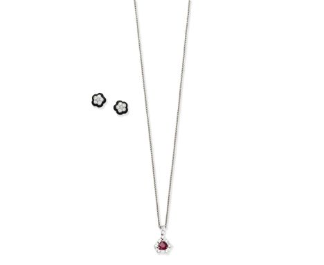 RUBY AND DIAMOND PENDANT; DIAMOND AND ONYX EARSTUDS1st: The pear-shaped ruby within a brilliant and baguette-cut diamond surr