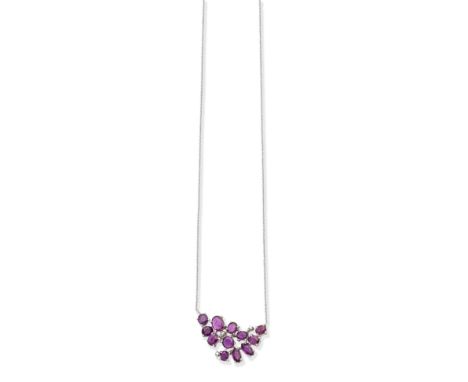 RUBY AND DIAMOND NECKLACEOf cluster design, set with oval and marquise-cut rubies, accented by single-cut diamonds,  length 4
